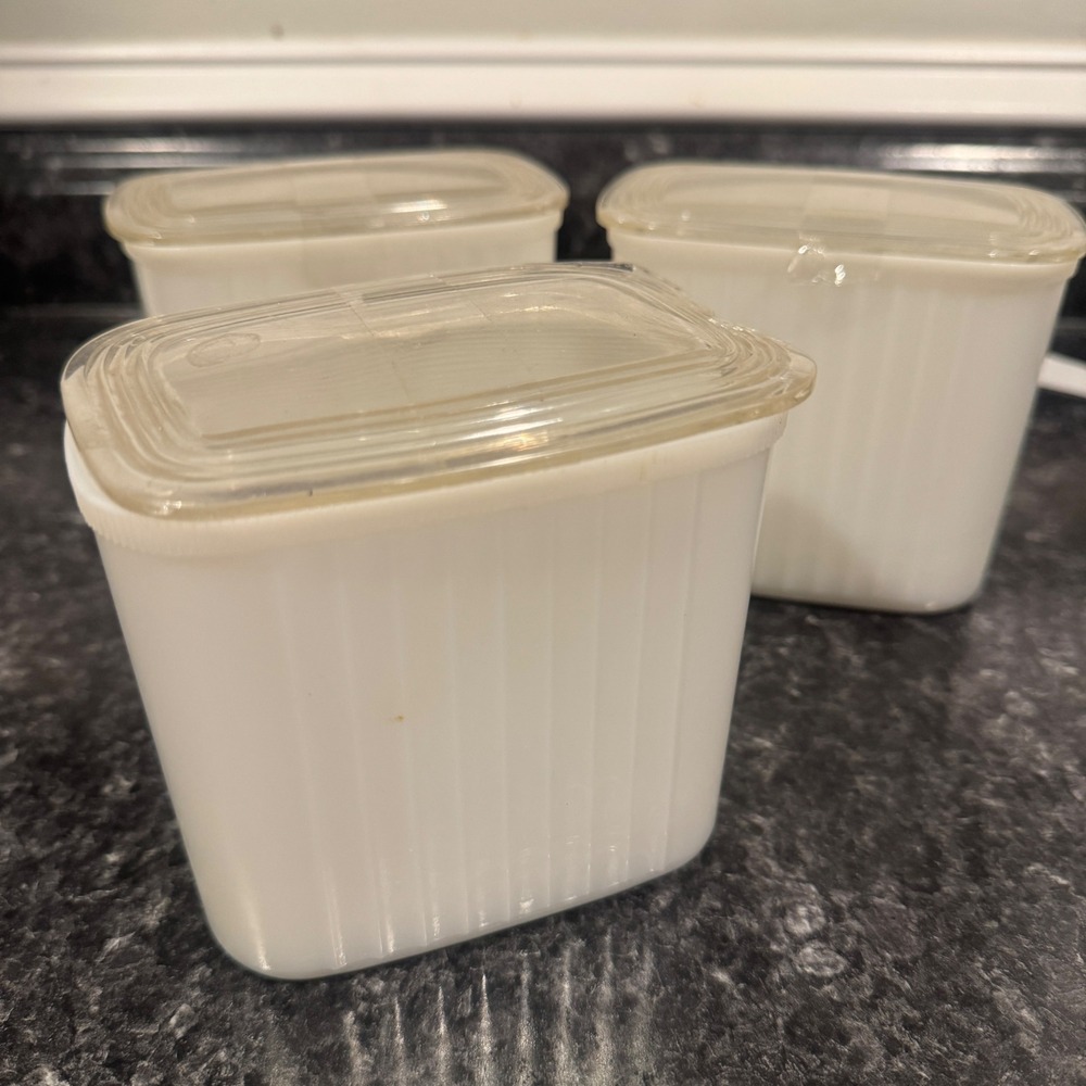 Vintage Hazel Atlas Milk Glass Refrigerator Dishes 1940-50s Plastic Lid Set of 3